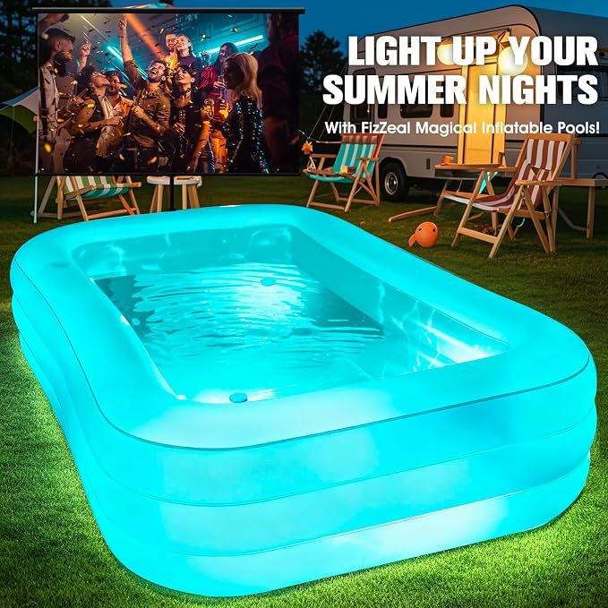 Inflatable Pool with Seat and Pool Lights, Durable Thickened Large Size Inflatable Pools for Adults Blow Up Pools,110" x 63" x 20"Swimming Inflatable PooI for Backyard,Outdoor (Cyan)
