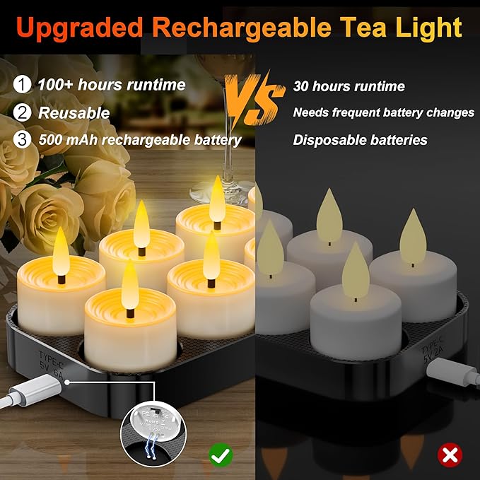 YiaMia 12 Pack Flameless Rechargeable Tea Lights with Magnetic Charging Base & Remote Control Timer, Battery Operated Tea Lights Candles, Rechargeable Votive Candles for Halloween Christmas Decorative