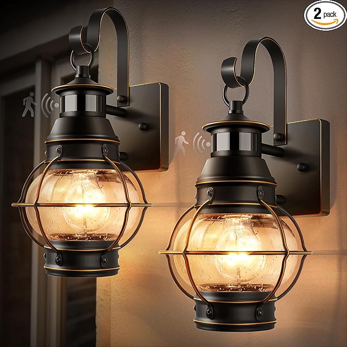 Lamomo Outdoor Wall Sconce,2 Pack Black Dusk to Dawn Motion Sensor Light Fixtures,Exterior Aluminum Waterproof Porch Lights for House Patio(No Bulb)