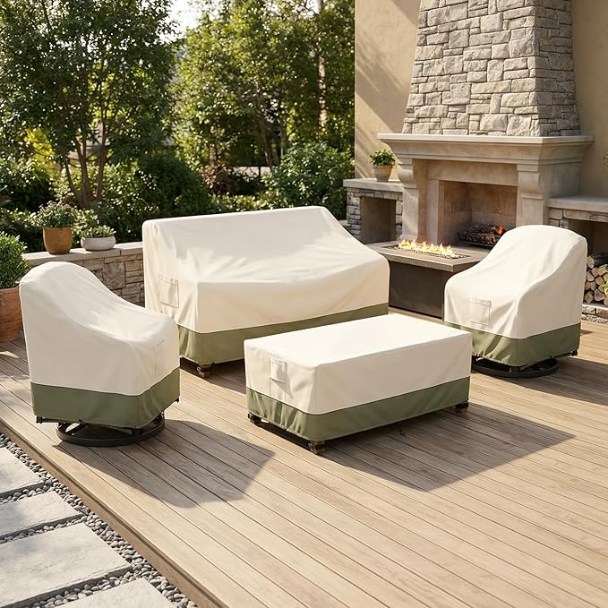 Bitubi Outdoor Waterproof Patio Furniture Covers 4-Piece Set for Swivel Rocker Chairs, Patio Loveseat 58in, Coffee Table 48in, Heavy Duty 600D Tough Canvas, Beige