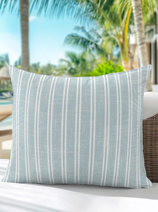 Waterproof Outdoor Pillow 1 Pack Blue Linen Striped Decorative Throw Pillows Cover & Insert 18x18 Inch Pillowcase Vertical Stripes Lines Pillows for Couch Sofa Bed Patio Furniture Indoor Outdoor