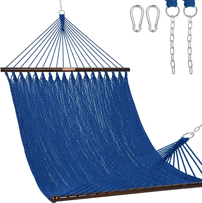 Lazy Daze Hammocks 10.5 FT Double 2 Person Caribbean Rope Hammock, Hand Woven Polyester Hammock with Spreader Bars, for Outside Outdoor Backyard Patio Poolside, 450 LBS Capacity, Blue