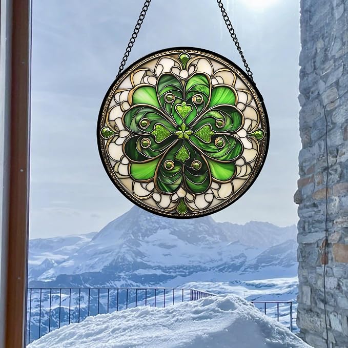 DASTOLL Stained Glass Window Hanging St. Ripak Festival Green Lucky Clover Large 15" - Suncatcher Door Garden Sun Catcher Ireland Decor Mother's Day for Mom Woman Her Men Sisters
