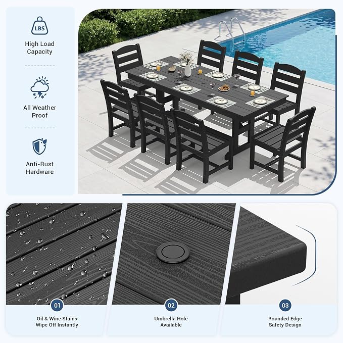 KINGYES 8-Seat Outdoor Patio Dining Set,84 inch HDPE Rectangular Table and Chairs Set，Waterproof Furniture Set with Umbrella Hole for Backyard,Black