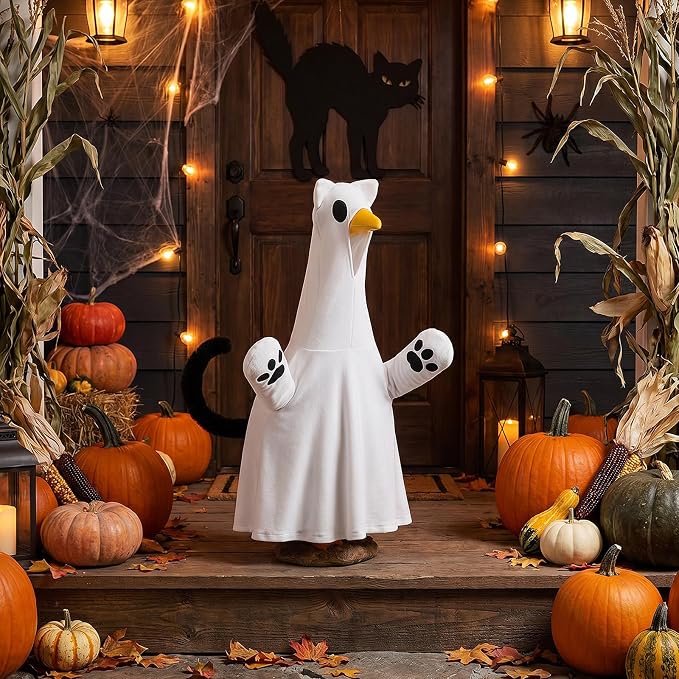 Halloween Goose Outfit Porch Cat Ghost Goose Clothes Yard Silly Lawn Duck Shirt for Autumn Halloween Party Cement Plastic Duck 23'' Porch Style