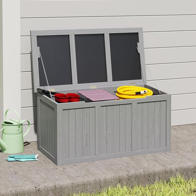 Mederlo 67 Gallon Outdoor Wooden Deck Box Solid Wood Storage Box Seat & Table Top for Patio Furniture Cushions, Pool Toys & Garden Tools