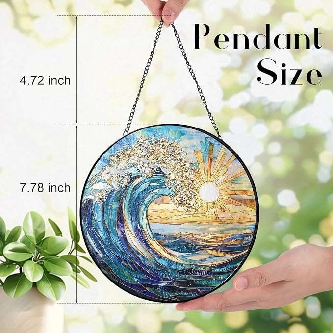 The Ocean Waves and The Sunrise Suncatcher Stained Glass Window Hanging | 7.9 in, Sun Catcher, Garden Decor