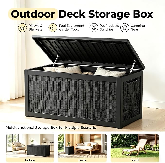 328 Gallon Waterproof Outdoor Storage Box, Heavy Duty Resin Deck Box Lockable, Large Outside Patio Storage Bench for Garden Tools & Pool Accessories, Hydraulic Lift, All-Season UV-Resistant, Black