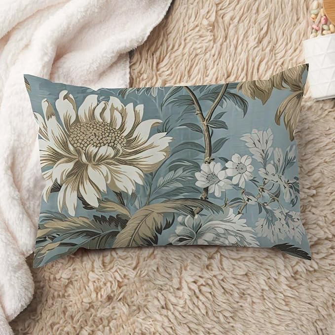 Spa On Flax Blue Chinoiserie Rectangular Cushion Cover Grey Peony Asian Pillowcase 12x18in Abstract Accent Farmhouse Decor Pillow for for Living Room Bed Farmhouse Patio