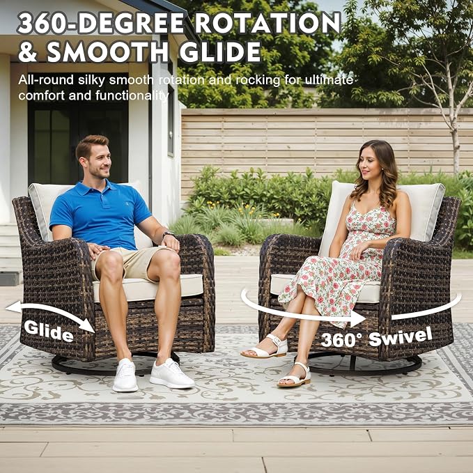 MEISSALIVVE Outdoor Patio Furniture Set with Swivel Chair, 10 Pieces Patio Conversation Set, Patio Sectional Furniture Set with 2 Three-seat Sofa, 2 Fixed Single Chair and Coffee Table (Brown)