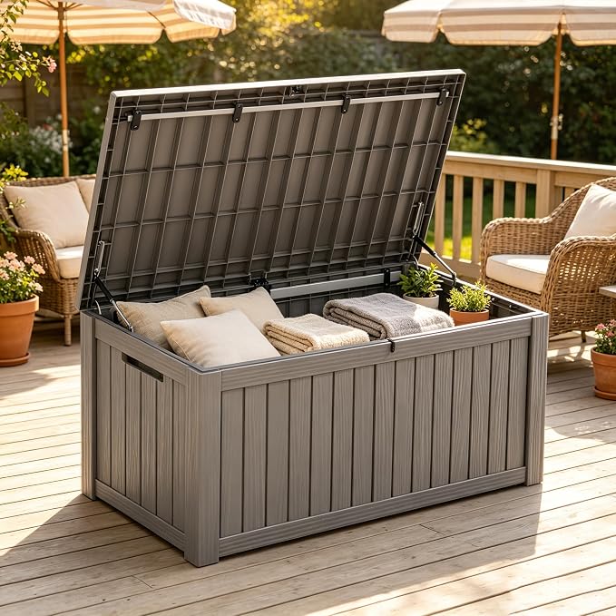Fancyango 140 Gallon Outdoor Deck Box Waterproof, Large Storage Box for Patio, Resin Storage Bench Lockable for Garden Tools, Package Delivery, Grey