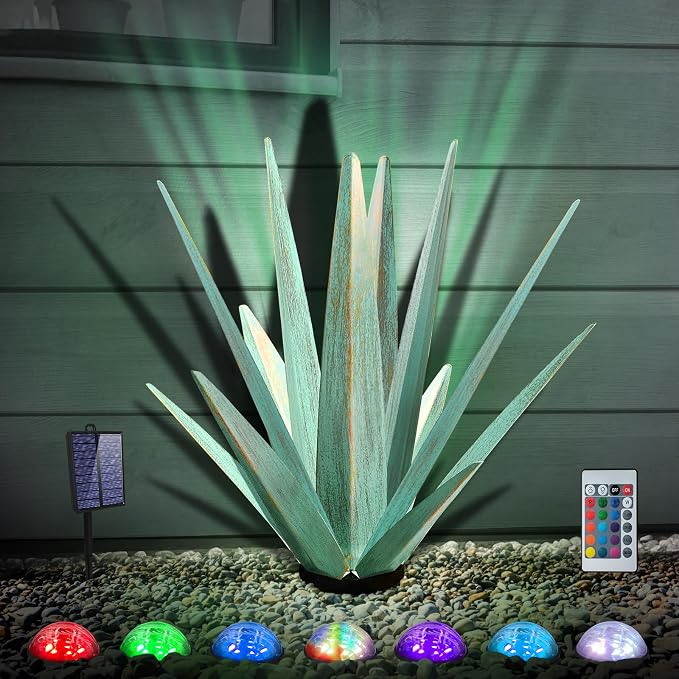 KODIBO Large Metal Agave Plant Outdoor Decor with Solar Light, Mint Green | Artificial Plant with Solar Light, Outdoor-Resistant Metal, Hand-Painted Finish, Tequila Rustic Sculpture, Garden Yard Statue