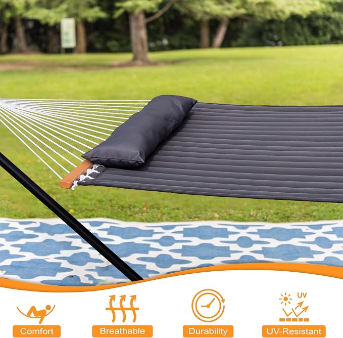Lazy Daze Quilted Fabric Hammock with 12-Foot Stand, Double 2-Person Hammock with Pillow for Outdoor Outside Patio, Garden, Backyard, 450LB Capacity, Gray