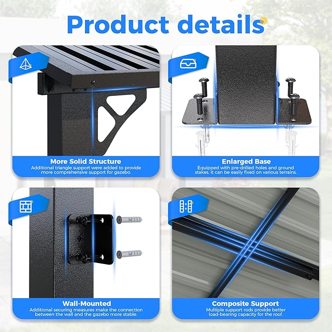 AirWire 10'x10' Lean to Gazebo, Hardtop Pergola with Metal Roof, Wall Mounted Heavy Duty Canopy Awning for Backyard, Deck and More