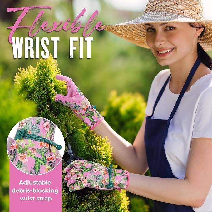 HANDLANDY Gardening Gloves for Women, Leather Garden Glove, Gardener Gift | Breathable Floral Ladies Leather Garden Yard Gloves, for Trimming, Weeding, Digging, Planting, Pruning
