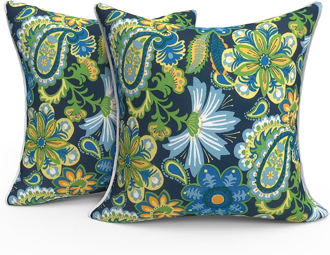 Outdoor Throw Pillows Inners, Fade Resistant Patio Furniture Square Pillows with Piping Set of 2 for Patio Furniture, 18x18 Inch, Wonder Garden