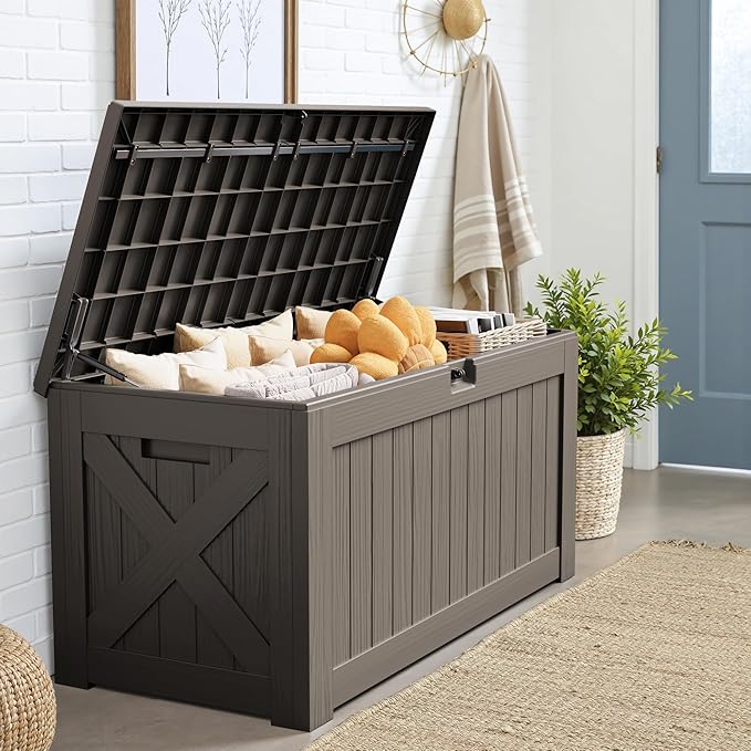JUMMICO 120 Gallon Resin Deck Box, Large Outdoor Storage Box Waterproof & Lockable for Garden, Patio, Pools (Deep Brown)