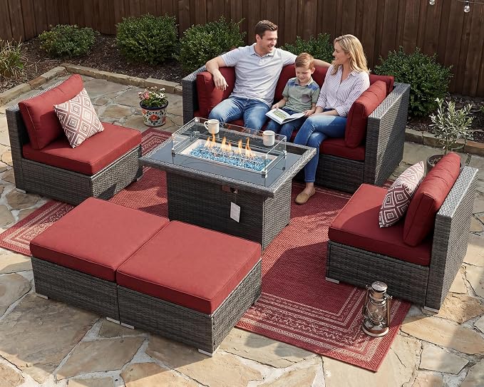 BULEXYARD 7 Piece High Back Outdoor Sectional Set with Fire Pit Table, Wicker Patio Furniture Set Weather-Resistant, Modular 6-Person Couch Sofa Comfortable Wide Deep Seats for Backyard, Grey & Red