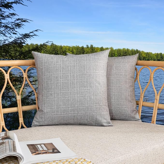 Kevin Textile Outdoor Waterproof 24”x24” Pillow Covers 2 Pack, Grey | Water Resistant, Soft Faux Linen-cotton Yarn-dyed Woven Texture Throw Pillow Covers for Tent Patio Garden Couch Sofa