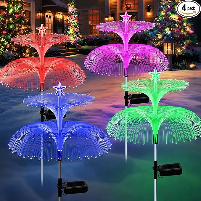 MRHEPHAESTUS Solar Garden Lights, 4 Pack Solar Star Jellyfish Lights 7 Color Changing Fiber Optic Light Gardening Gifts for Mom Grandma Women, Flower Light for Outdoor Yard Garden Decor