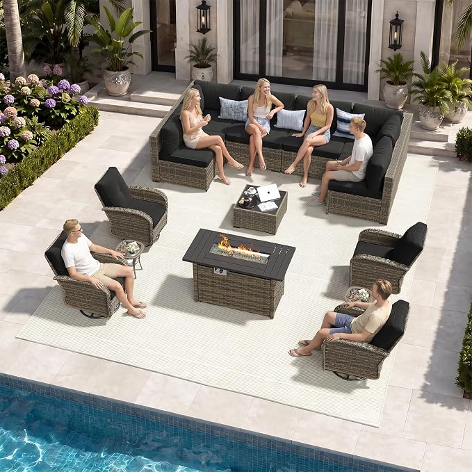 Aoxun 14 Piece Outdoor Patio Furniture Set with 44'' Fire Pit Table, Wicker Rattan Outdoor Furniture with High Back Swivel Rocker Chairs, Outdoor Conversation Set with Thick Cushion, Black