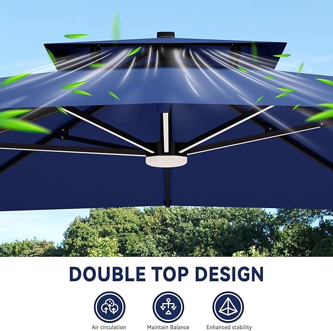 10x13 FT Cantilever Patio Umbrella with Led Lights Double Top Outdoor Rectangular Large Heavy Duty Aluminum Offset Umbrellas with 7 Level Tilt 360-degree Rotation for Pool Garden Deck, Navy