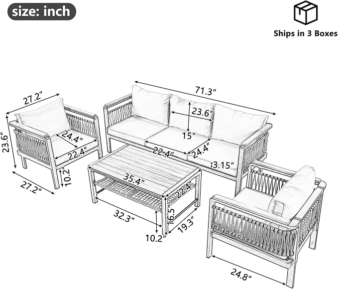 VilroCaz 4 Pieces Outdoor Sectional Sofa Set, All-Weather Patio Seating Group Cnversation Set with Cushions and Coffee Table for Patios Gardens Balcony, Sturdy Steel Frame (Grey+Metal & Wood)