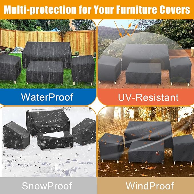 Patio Furniture Covers，Outdoor Furniture Cover Waterproof,4 Piece Patio Furniture Set Cover for Outside Couch, Lawn Chairs, Coffee Table, Windproof with Buckle Strap