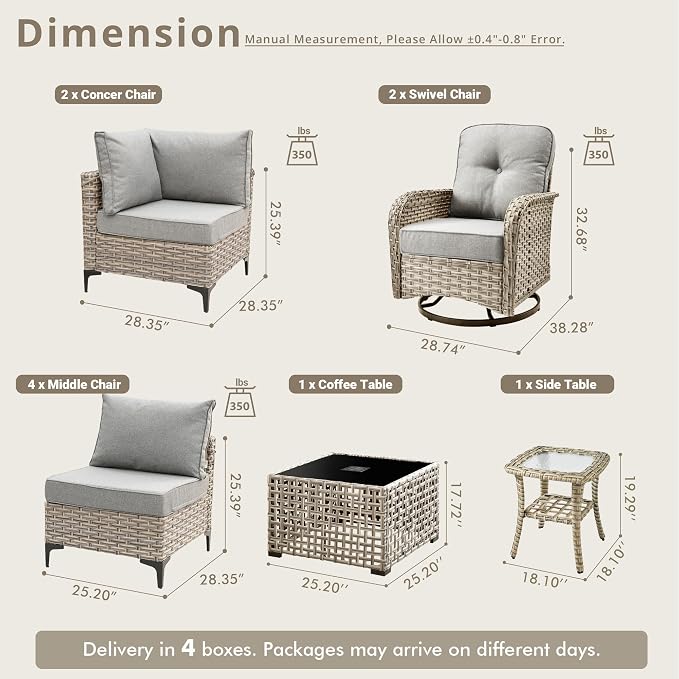 10 Pieces Patio Sectional Furniture Set, Outdoor Wicker Sectional Couch with High Back Swivel Rocker Chairs Solar Lights Table, Modern Conversation Set for Porch Balcony Backyard, Dark Gray