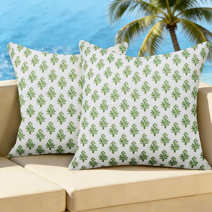 Outdoor Pillow Covers 18x18 Set of 2 Boho Green Floral Accent Print Decorative Throw Pillow Cases for Outdoor Waterproof Patio Furniture Garden Porch Sofa Bed Cushion Covers Home Decor JB005-C18