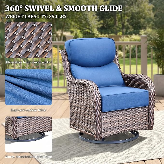 Luxury Swivel Rocker Chairs Set with 6" Thick Cushion - Wicker Outdoor Swivel Rocker Patio Chair High Back Comfortable Outdoor patio furniture set Glider Chairs set - Brown Wicker | Blue Cushions