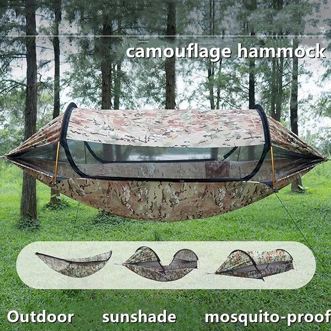 3 in 1 Hammock Shelter Set, Portable Camping Hammock with RainFly & Mosquito Net, Anti-Roll Hammock Tent for Outdoor Hiking Travel Expedition