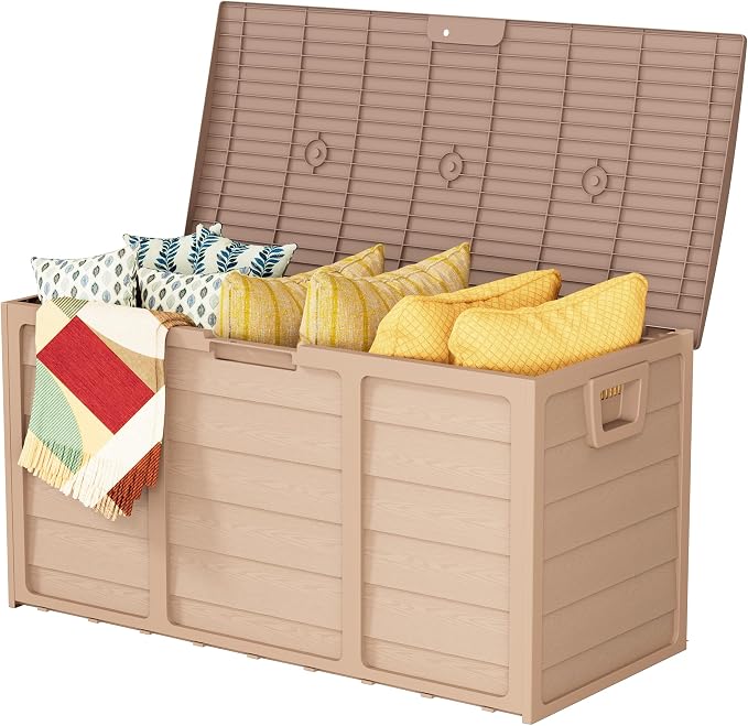 SUNCROWN 75 Gallon Deck Storage Box Resin Outdoor Storage Container with Handles for Patio Garden Yard Porch, Yellow