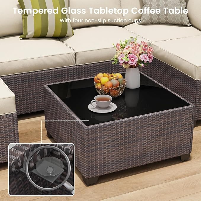 7 Piece Outdoor Patio Furniture Set with Modular Rattan Wicker Sectional Sofa Couch, Water Washable Thick Cushions, Modern Outdoor Conversation Set with Coffee Table for Garden(Purple)