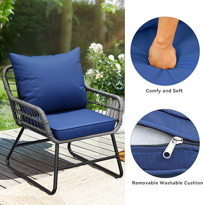 YITAHOME 4-Piece Patio Furniture Set, Wicker Outdoor Bistro Set, All Weather Rattan Patio Conversation Set with Soft Cushions and Glass Side Table for Backyard, Balcony, Deck - Navy Blue