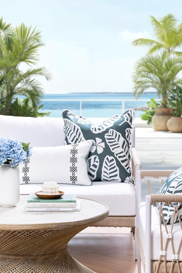 Hofdeco Premium Coastal Hampton Patio Indoor Outdoor Throw Pillow Cover Only, 20"x20" Water Repellent for Backyard, Couch, Poolside, Forest Green Print Palm Leaves and Hisbucs Flowers