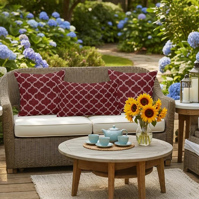 Deep Red Morocco Outdoor Pillow Covers 24x24 Inch Throw Pillow Covers Set of 2 Waterproof Decorative Pillow Cases Retro Farmhouse Quatrefoil Plaid Cushion Covers for Patio Furniture Garden Couch Sofa