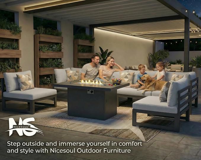 NICESOUL Powder Coated Aluminum Patio Furniture Set with Fire Pit Table, 7 Piece Deep Seat Extra Wide Outdoor Sectional Sofa for 6, L Shaped Luxury Large Conversation Set for Poolside, Light Gray