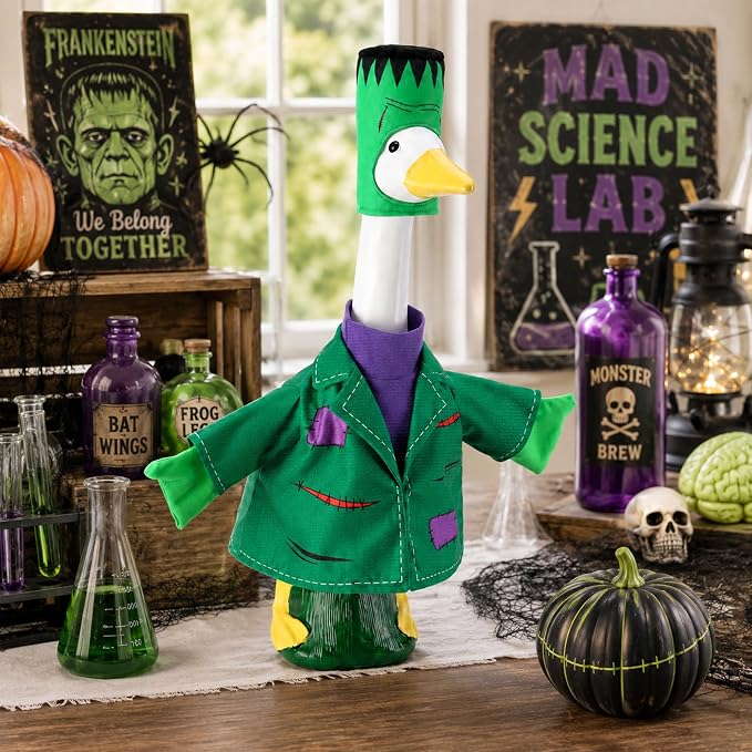Watayo 2 Pcs/Set Halloween Monster Goose Outfits, Porch Goose Statue Monsters Costume, Dark Green Lawn Goose Monster Clothes with Hat for 23" Statue Halloween Fall Outdoor Patio Garden Yard Decor