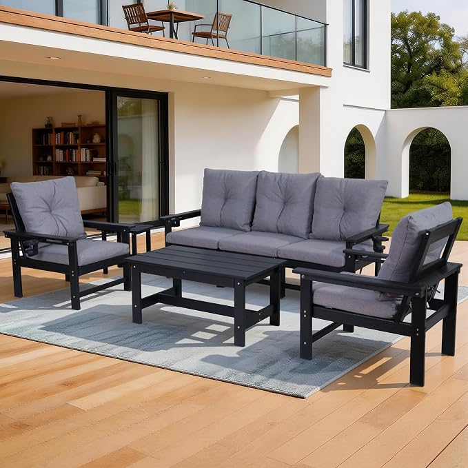 HDPE 7 Piece Patio Furniture Set, Outdoor Sectional Sofa with Coffee Table, Side Table and Seat Cusions, Patio Conversation Set for Party, Backyard, Porch, Deck, Poolside, Black & Grey
