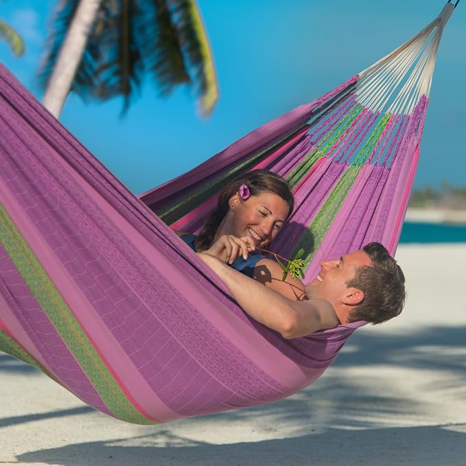 LA SIESTA® Flora Classic Cotton Hammock & Nautico Stand - Indoor Outdoor Hammock with Stand - Portable Hammock with Stand for Outside Patio, Large Hammock w/Steel Stand - Max 440 Lbs, King, Blossom