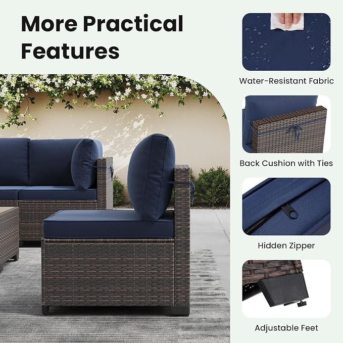 Soohow 7-Piece Patio Furniture Set, Outdoor Conversation Set, Thickened All-Weather Rattan Sectional Sofa with Tempered Glass Table for Garden, Porch, Backyard - Navy Cushions