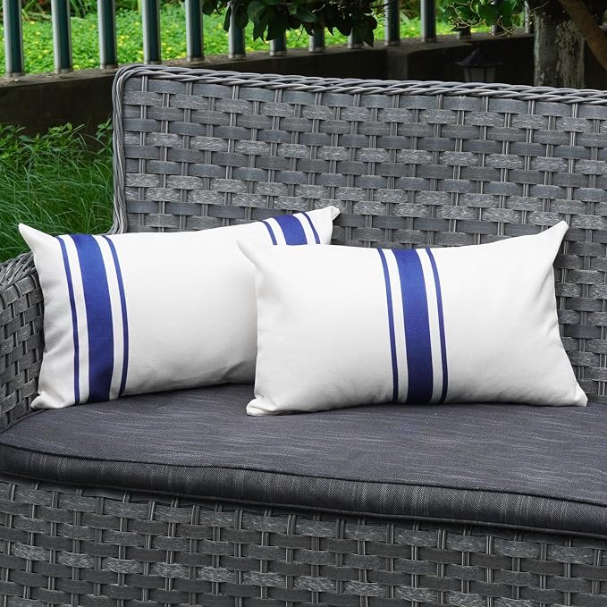 ONWAY Outdoor Pillow Covers Waterproof 12x20 Set of 2 Decorative Linen Throw Pillow Cover Beige and Navy Blue Striped Outdoor Pillows for Patio Furniture