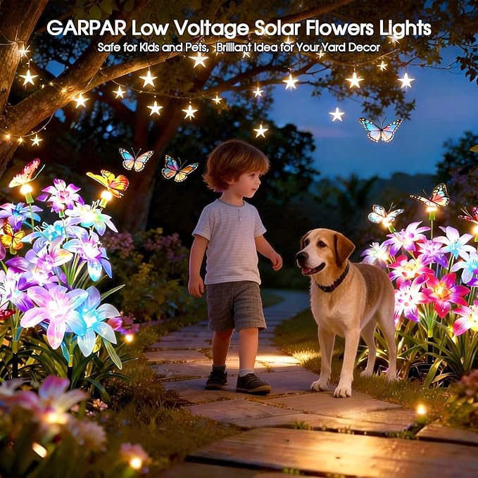 Garpar Solar Garden Lights, 4 Pack 800mAh Solar Flower Lights with16 Color Changing Lilies and 12 Butterflies, Brighter Waterproof Garden Decor for Yard Lawn Pathway, Mom Women Grandma Gift