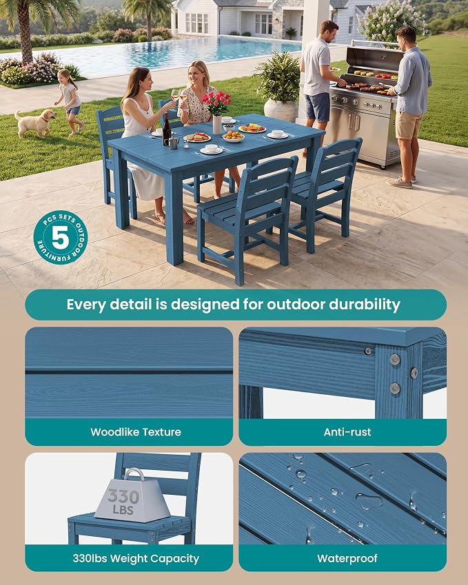 SERWALL 59" Outdoor Dining Set for 4, w/ 1 Table & 4 Armless Chairs, Blue | Armless Patio Dining Sets for All Weather Use