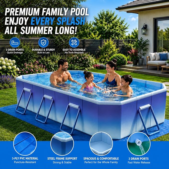 Large Foldable Pool for Adults with Ground Cloth 116"×65"×20" - Non-Inflatable Swimming Pool for Outdoor Summer Water Portable Folding Collapsible Pool