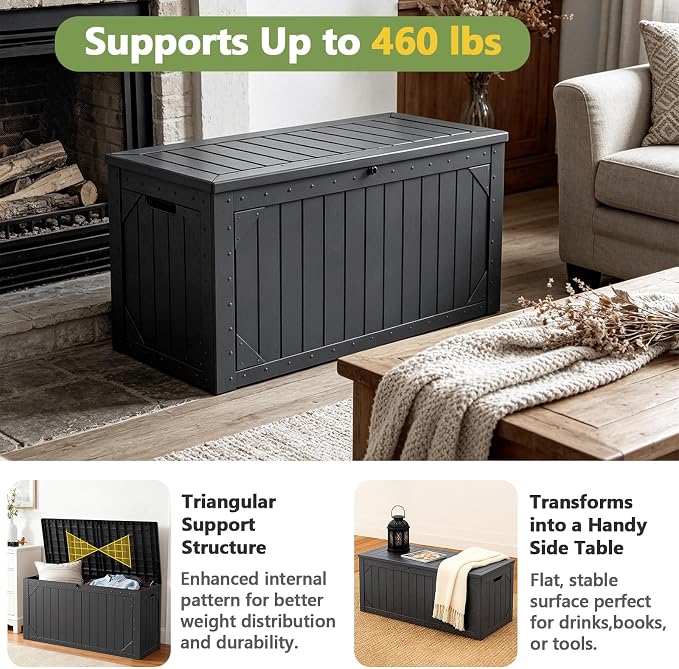 Outdoor Storage Box, 95 Gallon Deck Box Outdoor Storage Bench, Outside Waterproof Resin Storage Bench, Lockable Patio Cushions, Garden Tools Storage for Furniture, UV Resistant (Black)