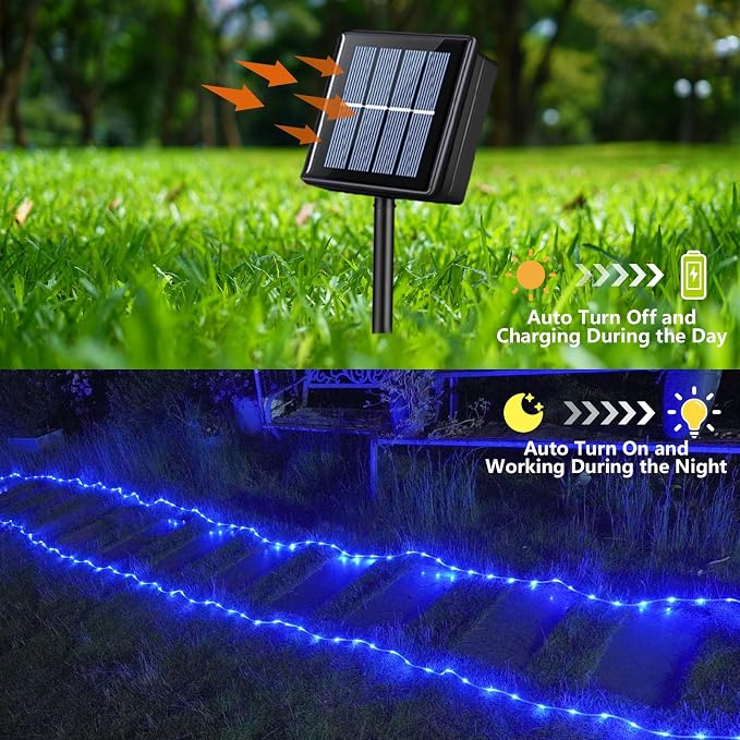 QITONG Blue Solar Rope Lights, 66ft 200 LED String Lights Outdoor, Fairy Lights in Clear Thin Tube with 8 Modes