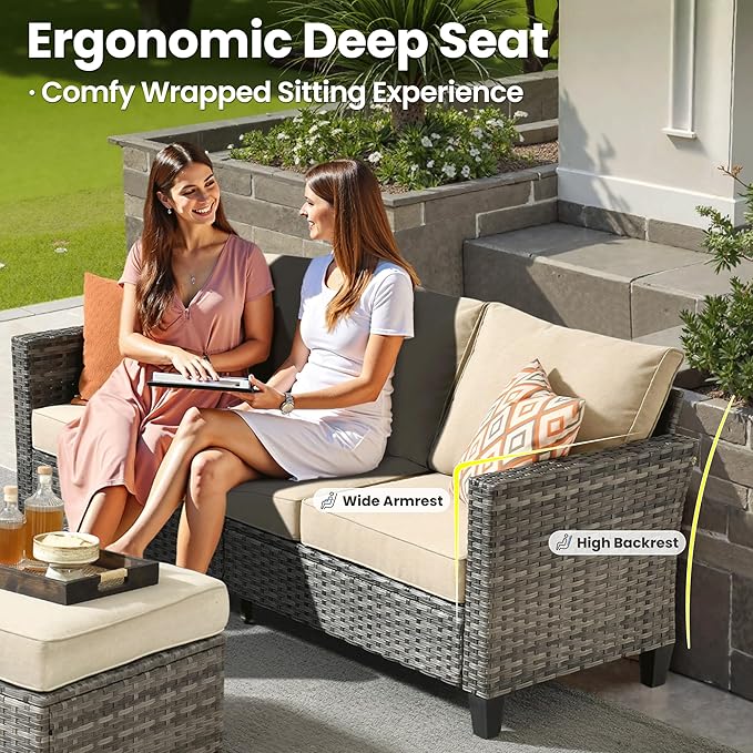 ovios 6 Pieces Patio Furniture Set, Outdoor Wicker Sofa Couch with Swivel Glider Chairs Comfy Cushions, Modern Deep Seat Rattan Conversation Sets for Deck Porch, Beige