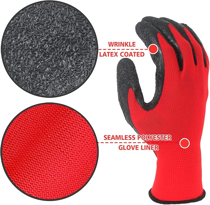 Evridwear Crinkle Latex Rubber Coated Safety Work Gloves for Men Women | 12-Pair Bulk Pack,Non-slip,General Multi Use for Gardening Construction Warehouse Assembly Landscaping (Red,XX-Large)
